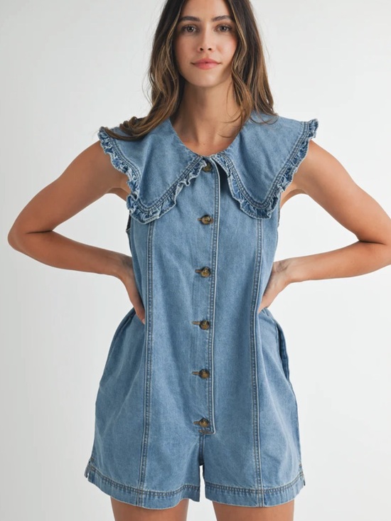 Mable Pants - NWT MABLE BOUTIQUE ROMPER DENIM JEAN WIDE COLLAR LARGE SLEEVELESS